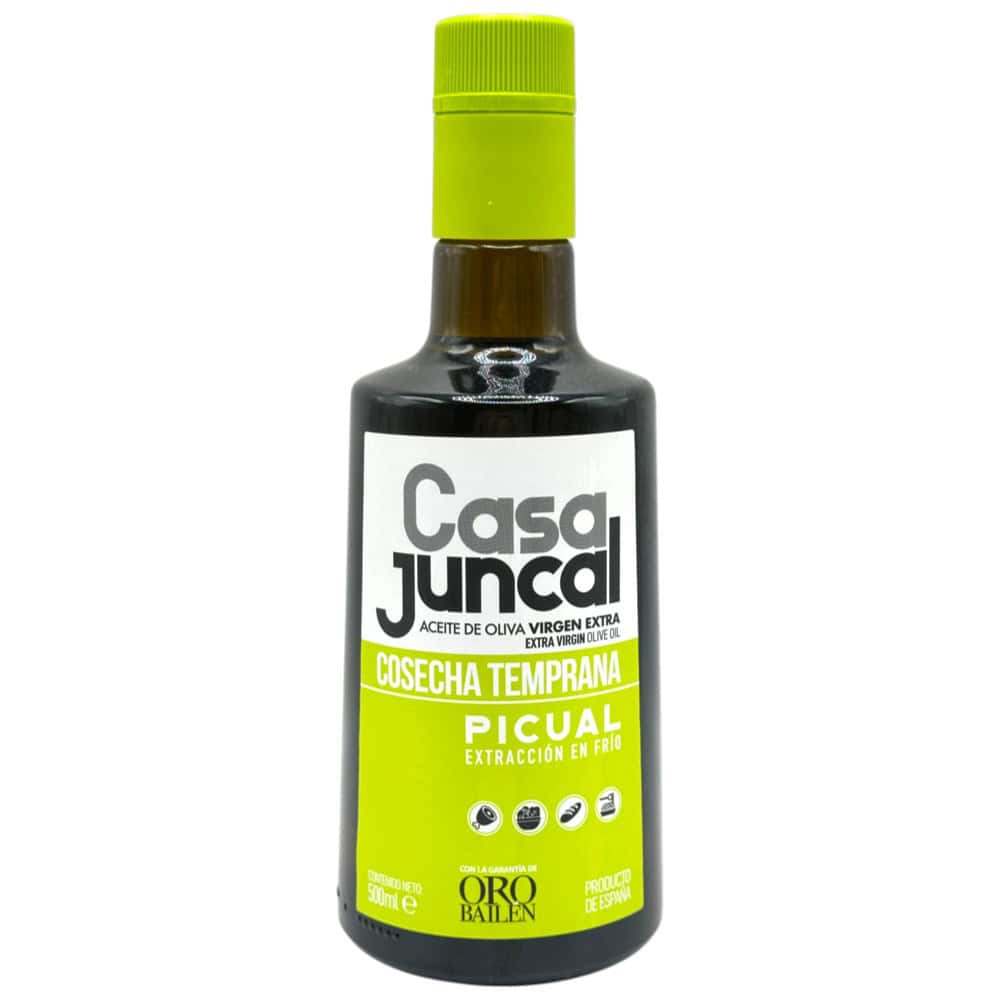 Casa Juncal Picual Olivenöl in kleiner Flasche mit grünem Verschluss, ideal für mediterrane Küche.