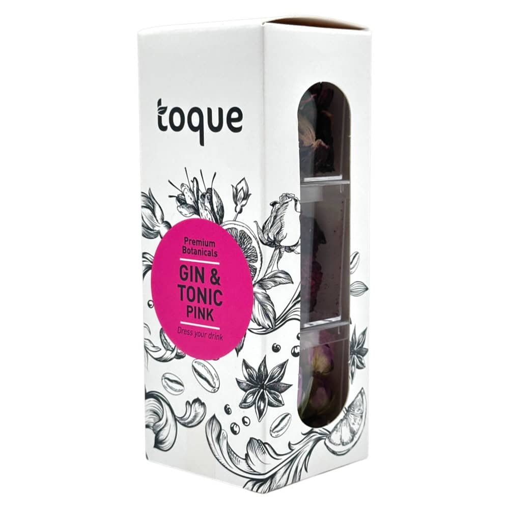 Mareni Toque Gin & Tonic Pink Set mit 3 Botanicals, elegante Verpackung mit botanischen Illustrationen, ideal für Gin & Tonic Liebhaber.