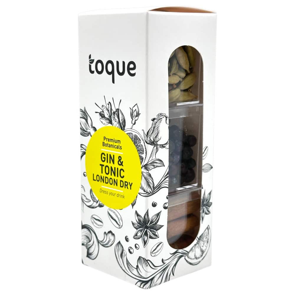Mareni Gin & Tonic London Dry Set mit 3 Botanicals, elegante Verpackung mit botanischen Illustrationen, ideal für Gin & Tonic Liebhaber.