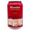 Alhambra Tradicional Bierdose aus Spanien mit rotem Design und Stadtmotiv, 0,33 l.