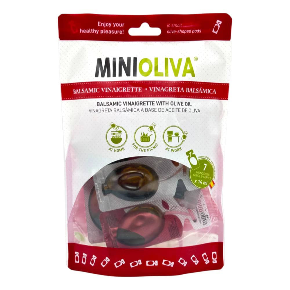 Minioliva Balsamico-Vinaigrette in Einzelportionen, ideal für unterwegs, mit Olivenöl, 98 ml, spanische Qualität.