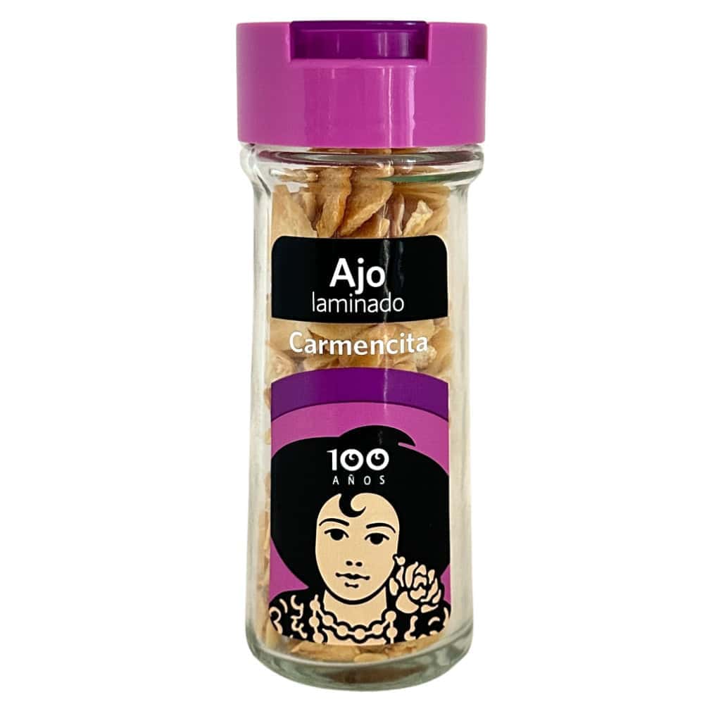 Mareni Knoblauch in Scheiben, 38g, aus Spanien, mit lila Deckel und schwarzem Label.