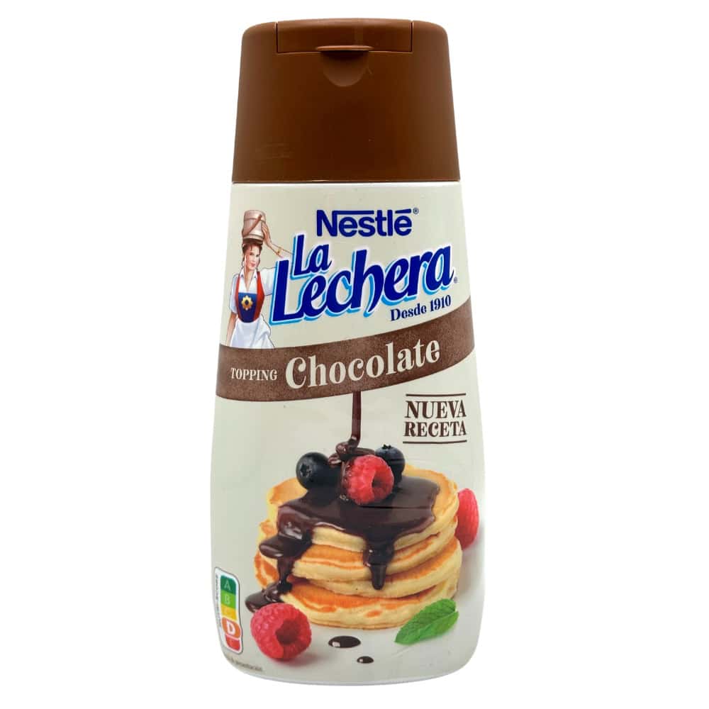 Mareni La Lechera Schokoladensirup 450g, ideal für Desserts und Pancakes, mit frischen Beeren und Schokolade.