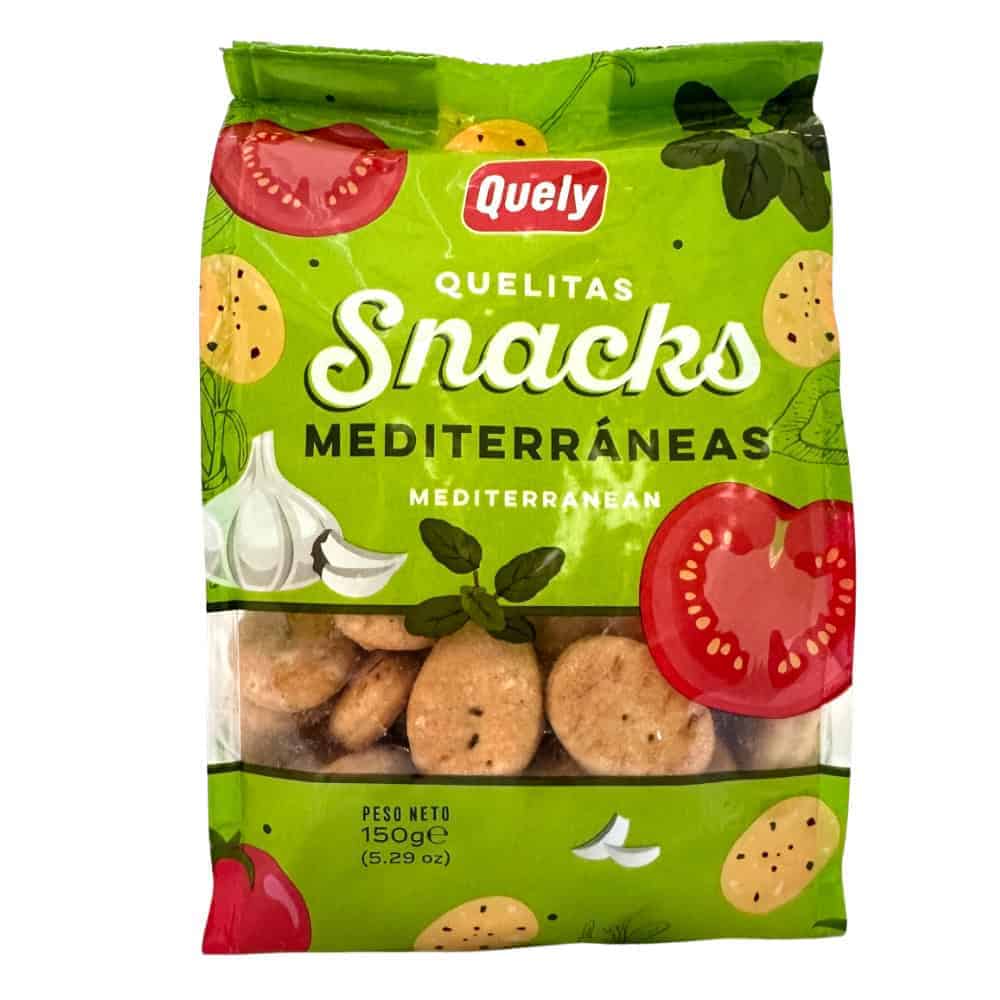 Quely Mediterraneansnacks in grüner Verpackung mit Tomaten, Knoblauch und mediterranen Kräutern, ideal für mediterrane Häppchen.