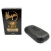 Mareni Magno Classic Original Pflegeseife in schwarzer Seifenform neben Verpackung.