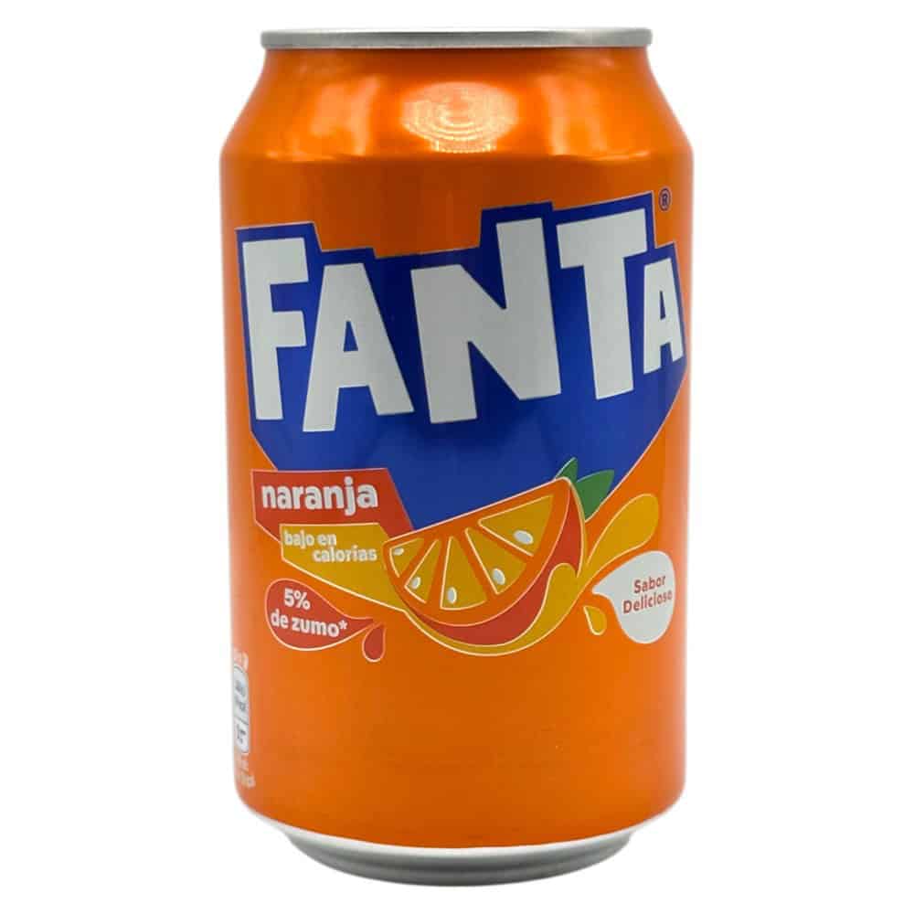 Fanta Naranja Getränkedose mit Orangen-Design, erfrischend und kalorienarm, 330 ml, spanisches Original.
