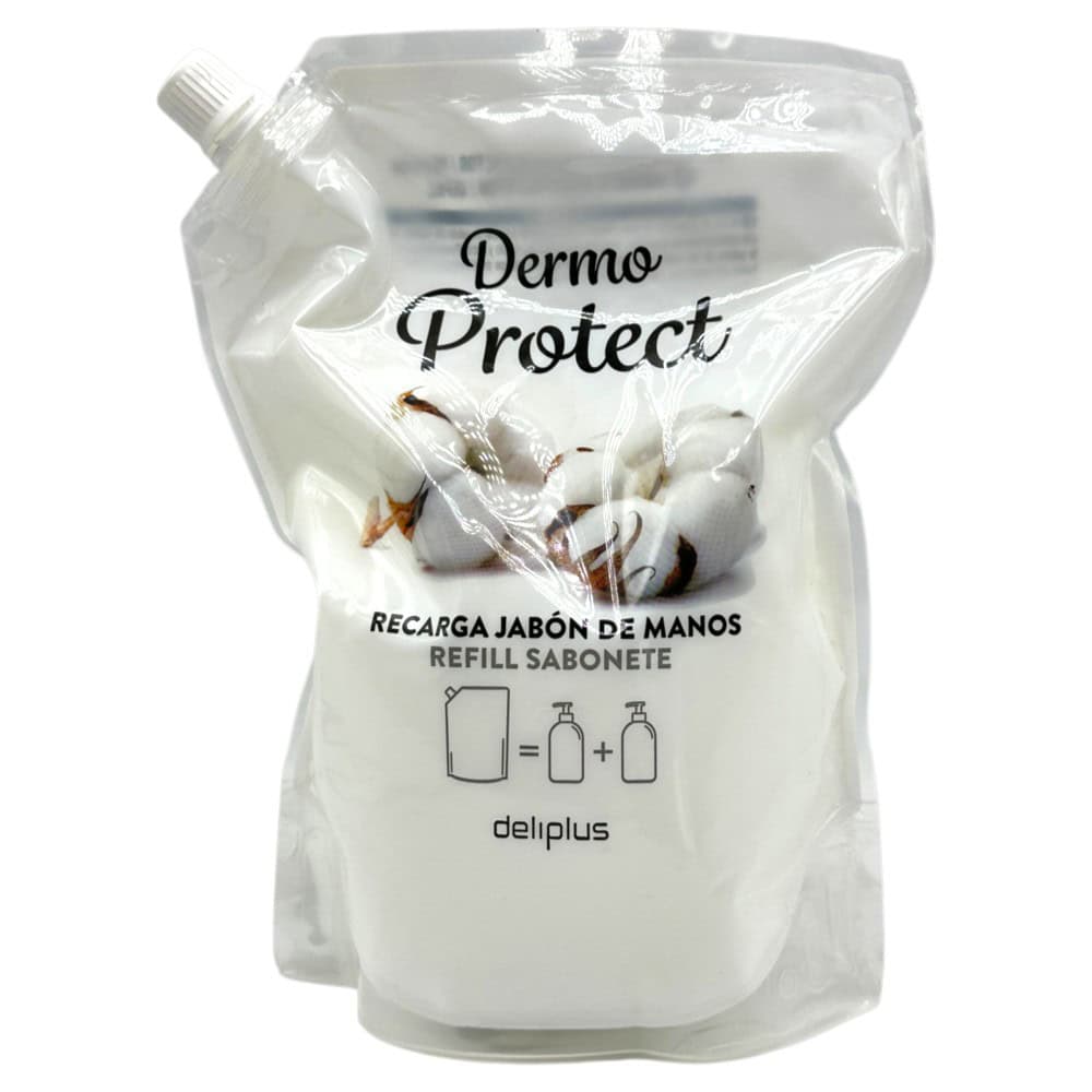 Nachfüllpackung Dermo Protect Pflegeseife mit 1 Liter Inhalt, ideal für Handhygiene, transparentes Beutel-Design, spanische Marke Mareni.