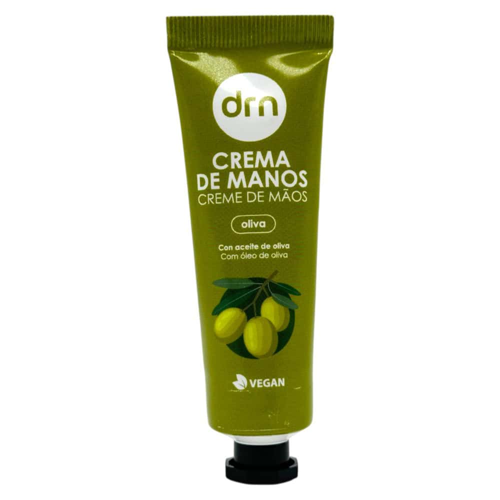 DRN Handcreme mit Olivenöl in grüner Tube, vegan, ideal für trockene Hände, spanische Qualität.