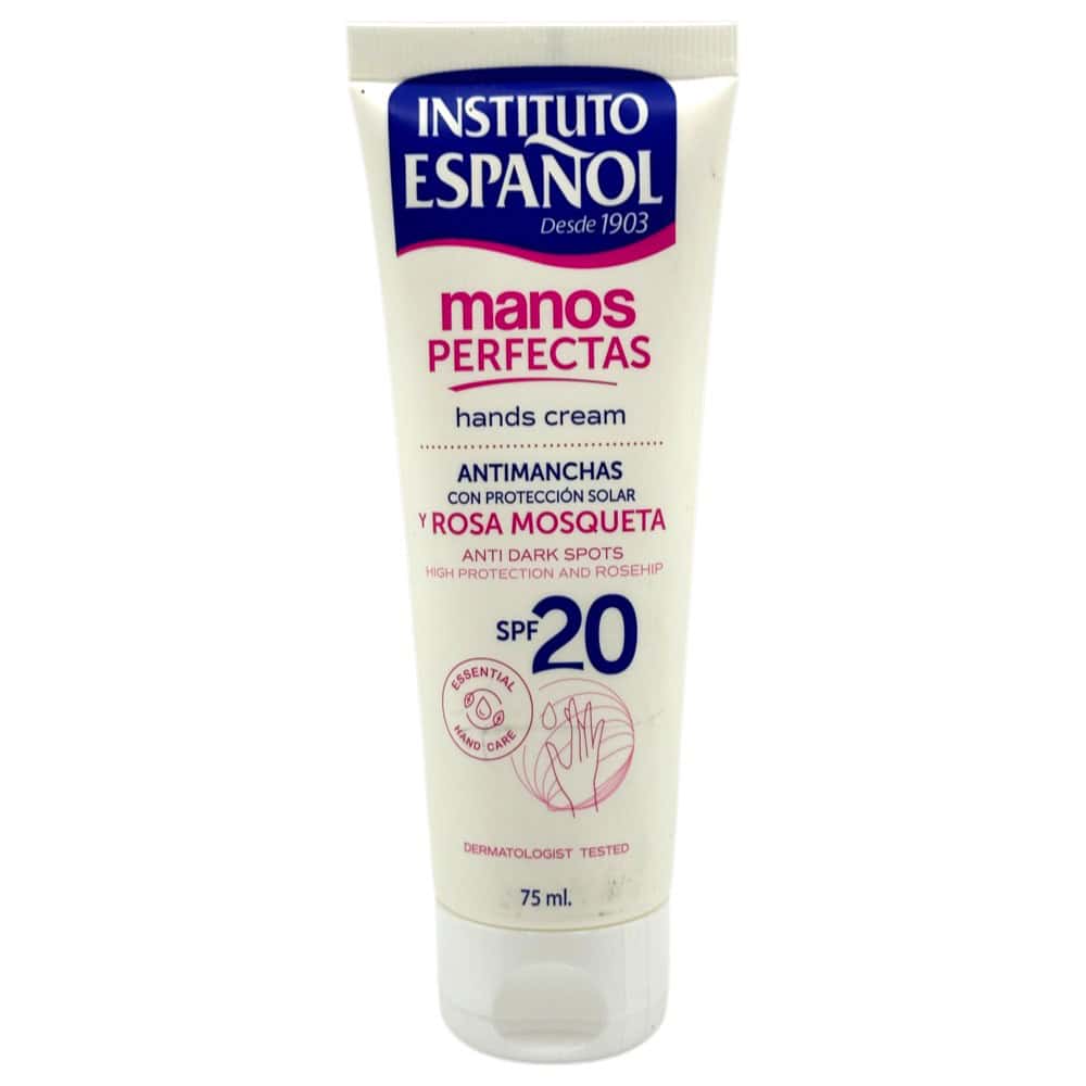 Institut Español Handcreme gegen Pigmentflecken mit LSF 20 und Hagebuttenöl, 75 ml, für gepflegte, schützende Hände.