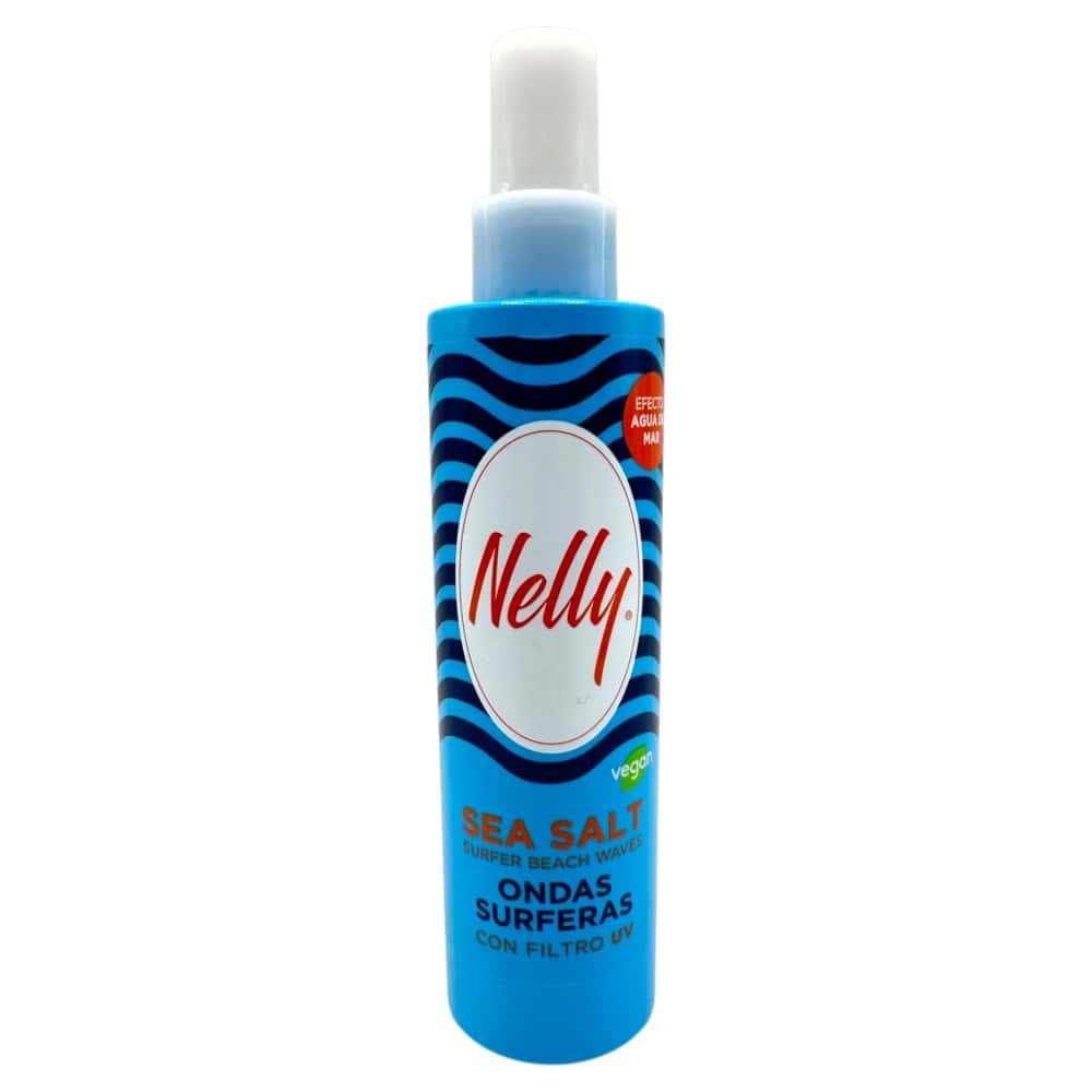 Nelly Meersalz-Spray für Surfer‑Beach‑Waves mit UV‑Filter, 200 ml, in blauer Flasche mit Wellenmuster.