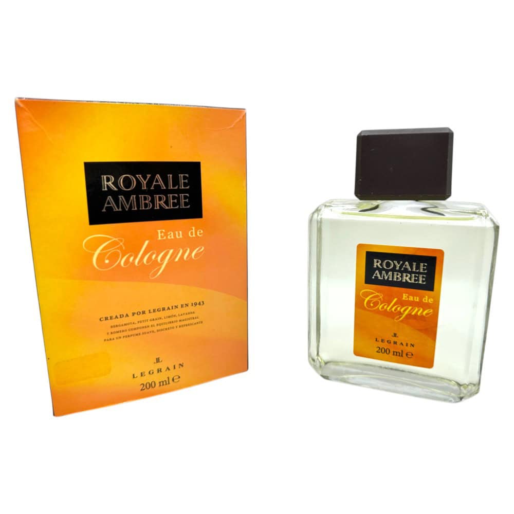 Royale Ambree Eau de Cologne 200 ml Flasche neben Verpackung, spanisches Parfüm für Männer und Frauen.