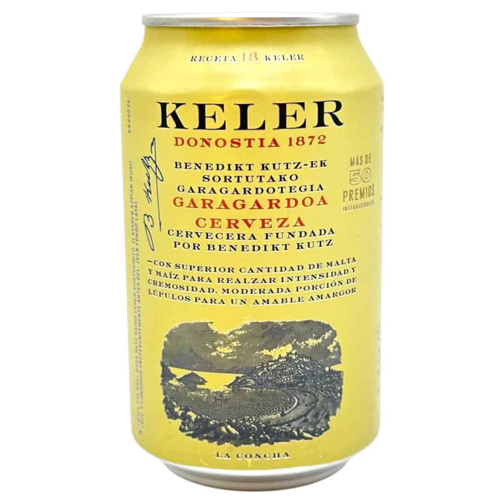 Keler Bierdose aus Spanien mit traditionellem Design und gelber Farbgebung, hergestellt in Donostia seit 1872.