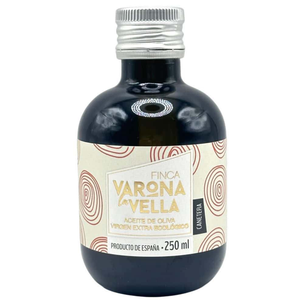 Kleines Fläschchen mit Bio-Olivenöl Varona La Vella aus Spanien, 250 ml, mit silberner Verschlusskappe.