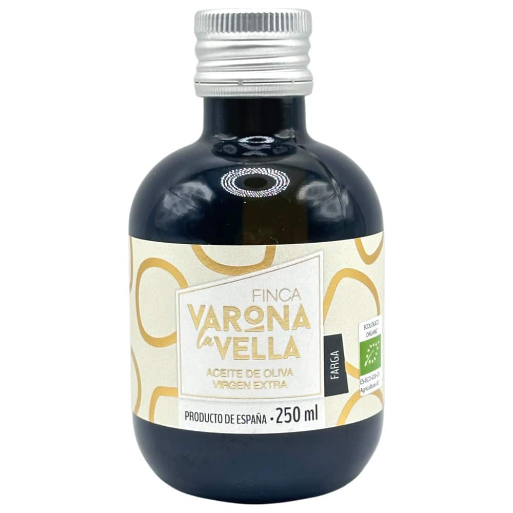 Kleine Flasche mit Varona La Vella extra natives Olivenöl aus Spanien, 250 ml, mit weißem Schraubverschluss.