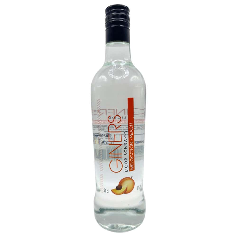 Mareni Pfirsichlikör in 0,7l Flasche, klar und transparent, mit orangefarbenem Etikett und schwarzem Verschluss.