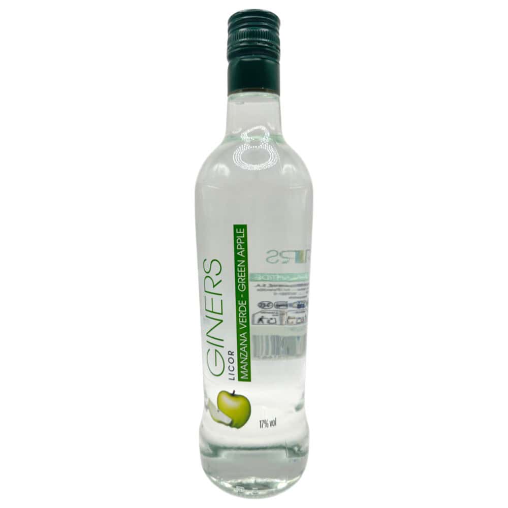 Mareni Grüner Apfellikör in 0,7 l Flasche mit grünem Apfel-Design, transparentem Inhalt und schwarzem Verschluss.