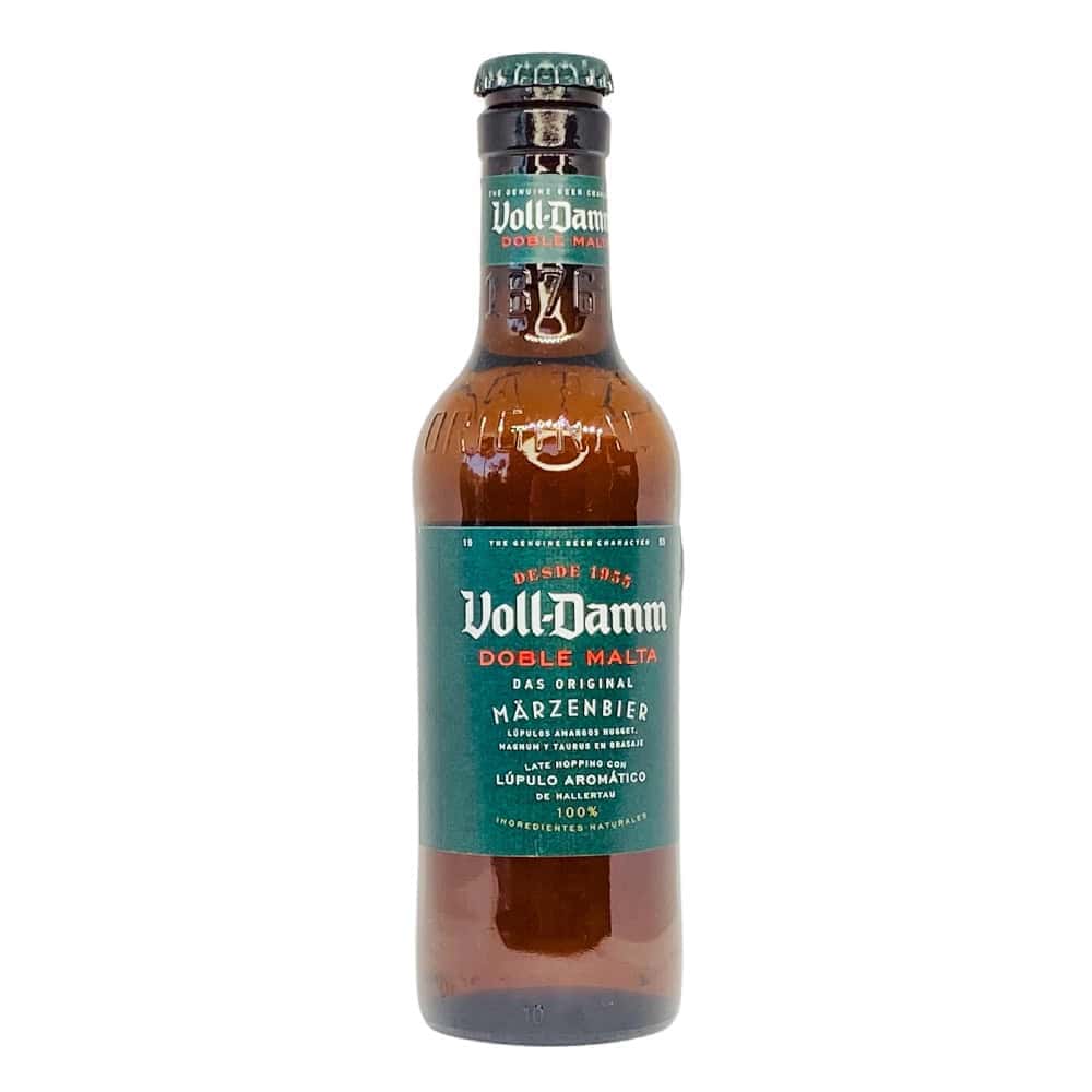 Voll Damm Flasche 0,25 l, spanisches Bier, ideal für Erfrischung, mit grünem Etikett und Kronkorken, auf weißem Hintergrund.