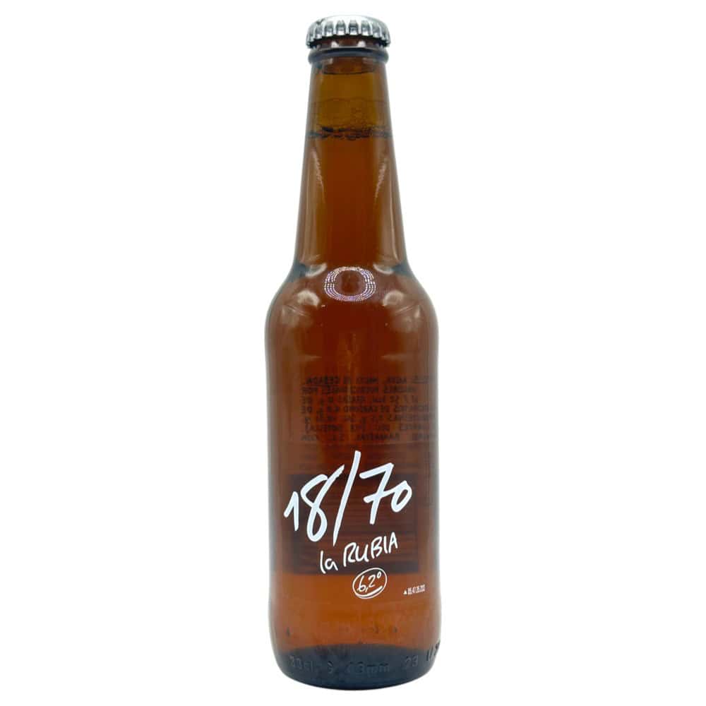 Mareni 18/70 La Rubia Bierflasche 0,33 l, spanisches Craft Beer, handgefertigt, mit weißem Etikett und silberner Flaschenkappe.