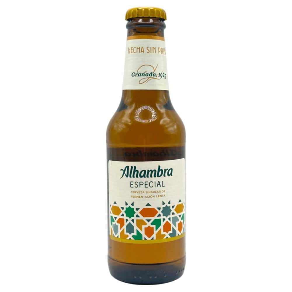 Alhambra Especial Flasche 0,25 l, spanische Biermarke, ideal für Erfrischung, mit traditionellem Design und spanischer Herkunft.