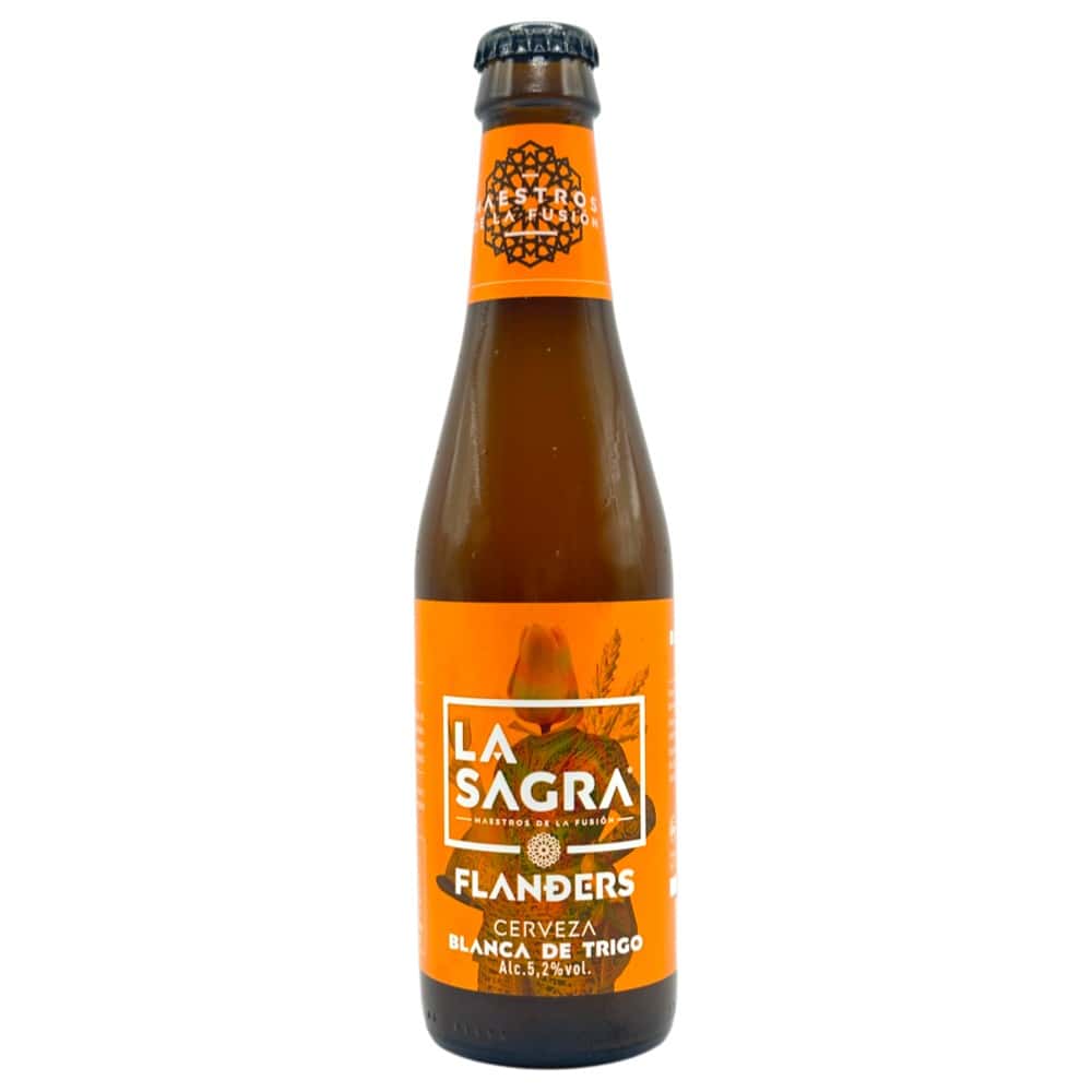 Mareni La Sagra Flanders Weißbier Flasche 0,33 l mit orangefarbenem Etikett und schwarzem Kronkorken.