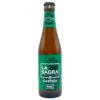Bierflasche La Sagra Castiza aus Spanien mit grünem Etikett und Kronkorken.