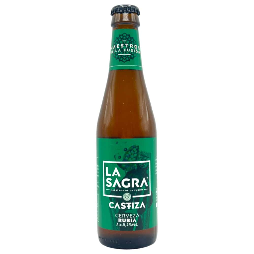 Bierflasche La Sagra Castiza aus Spanien mit grünem Etikett und Kronkorken.