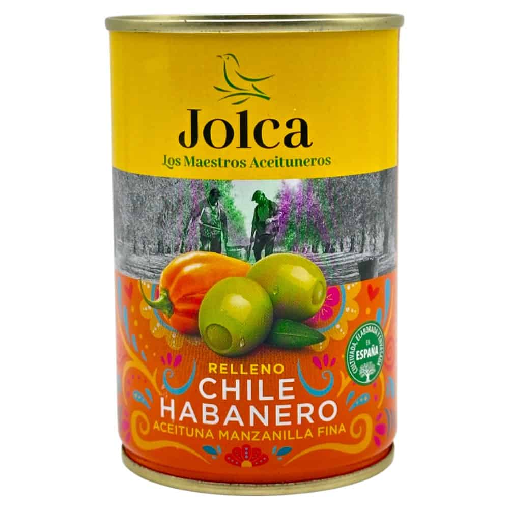 Jolca Oliven mit Habanero-Chilis, 130 g, spanische Spezialität, gefüllt mit scharfen Chilis, ideal für Tapas und Snacks.