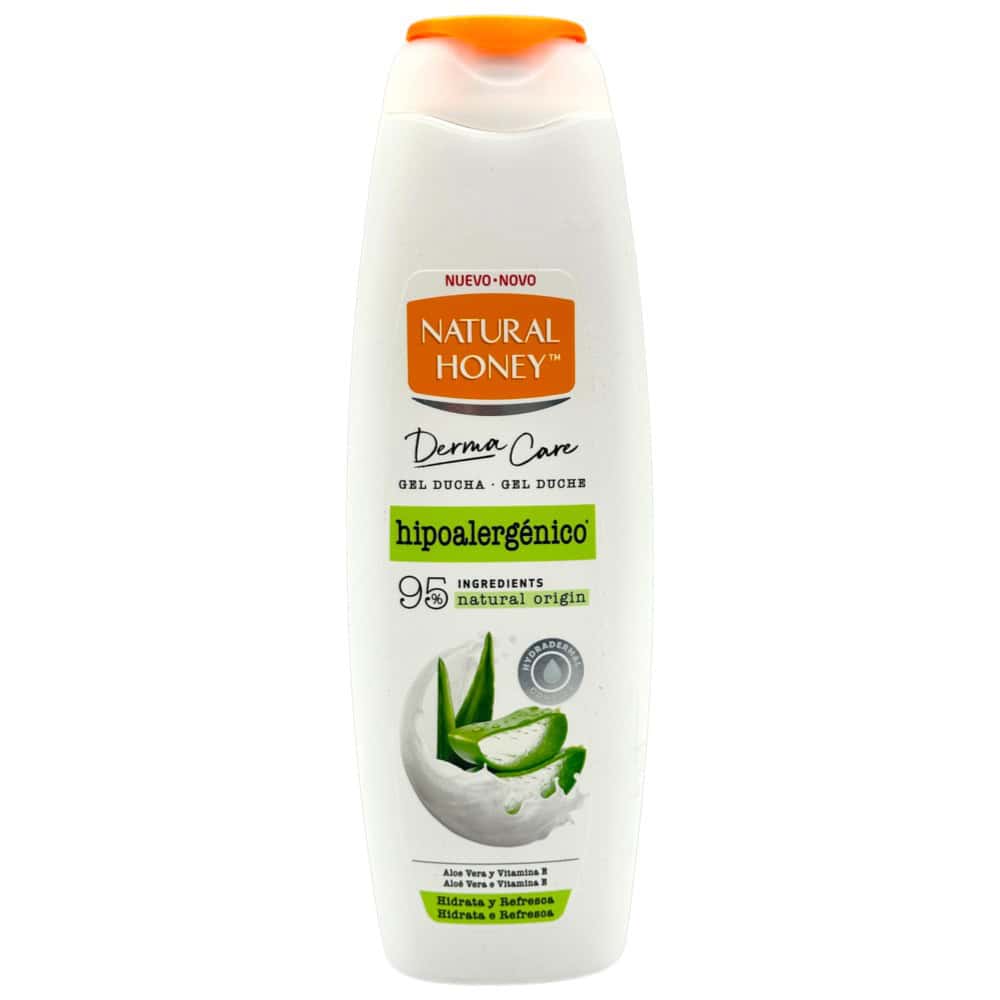 Natural Honey Derma Care Duschgel mit Aloe Vera und Vitamin E, hypoallergenisch, 650 ml Flasche.