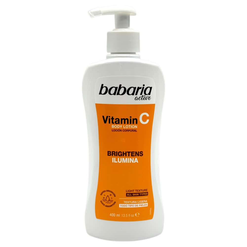 Babaria Vitamin C Body Lotion Flasche mit Pumpspender, helles Design, für strahlende Haut, 400 ml.