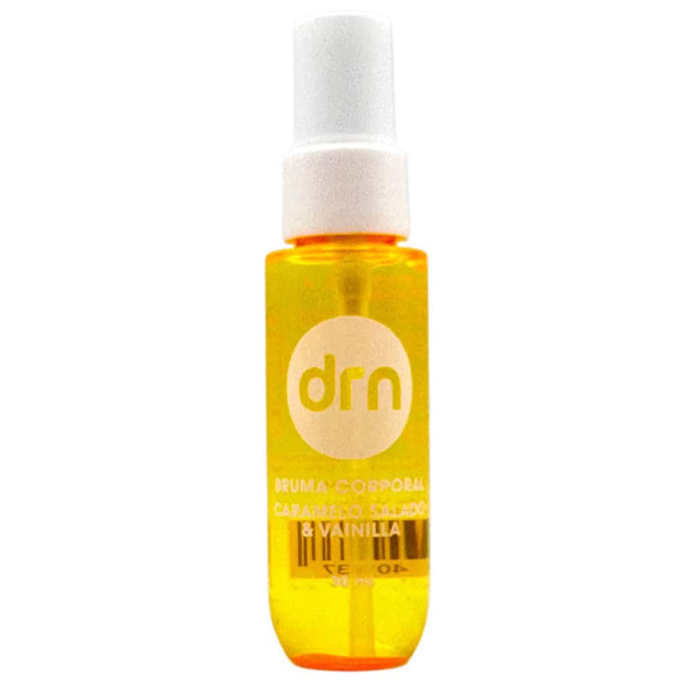 Mareni Body Mist Salzkaramell & Vanille in gelber Flasche mit weißem Sprühkopf, ideal für sinnliche Pflege.