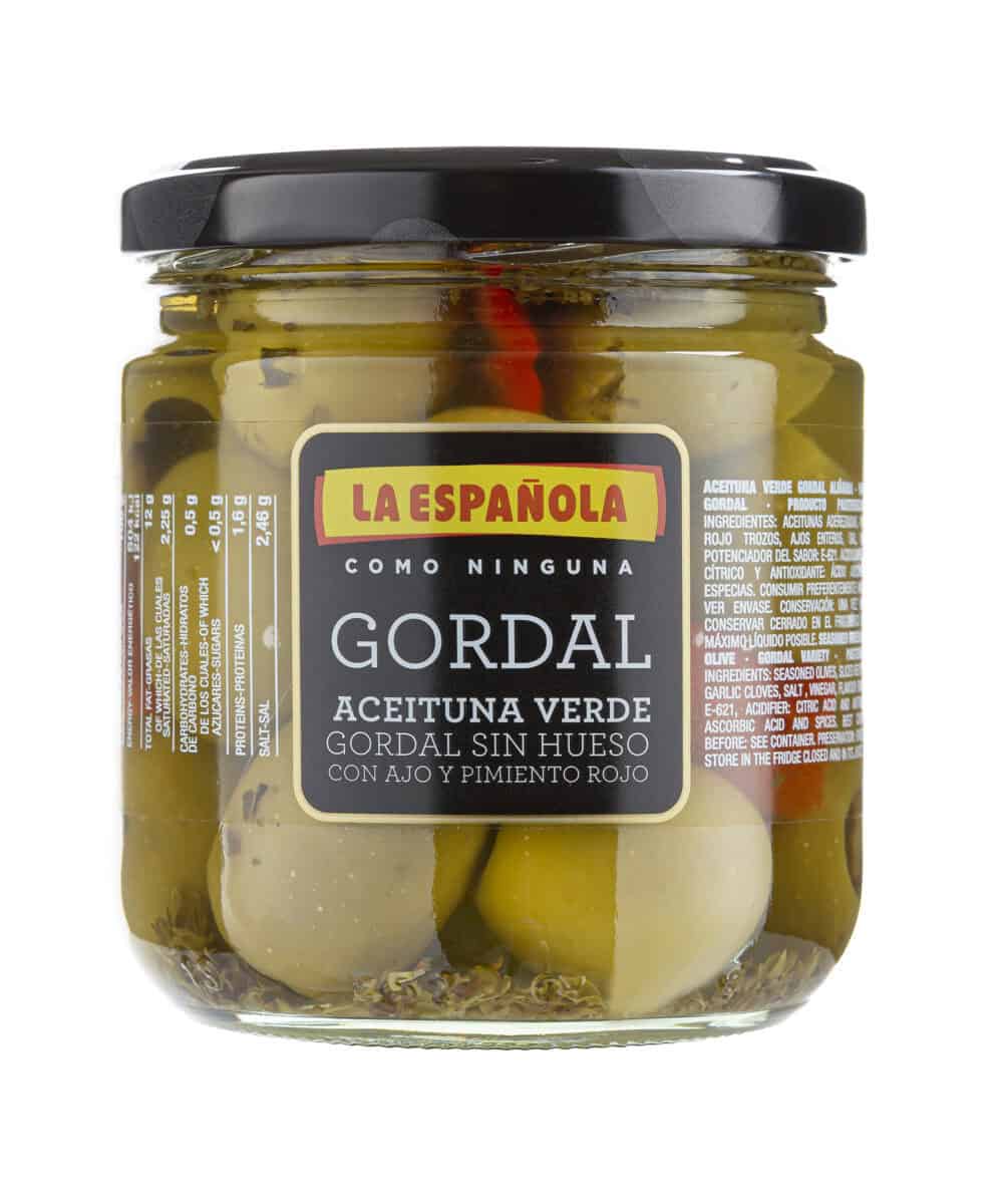 Gordal Oliven ohne Kern mit Paprika und Knoblauch in Glas, mariniert, auf der Webseite Mareni.