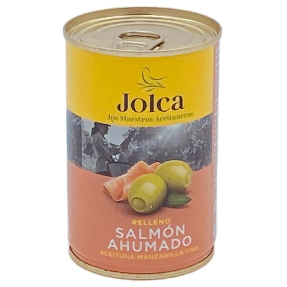 Jolca Oliven mit geräucherter Lachspaste, 130 g, in Dosenverpackung, spanische Spezialität.