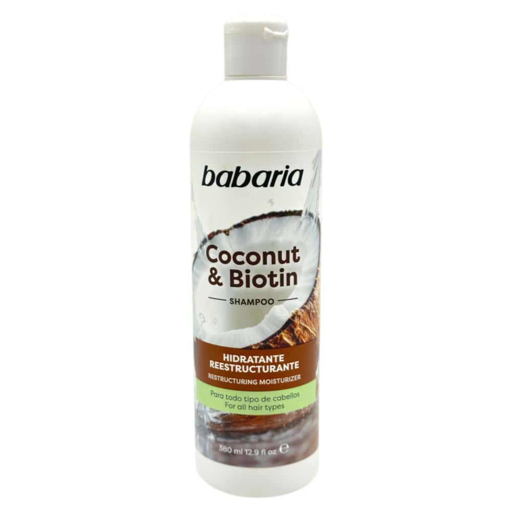 Babaria Kokosnuss & Biotin Shampoo Flasche, 380 ml, für alle Haartypen, feuchtigkeitsspendend und strukturverbessernd.