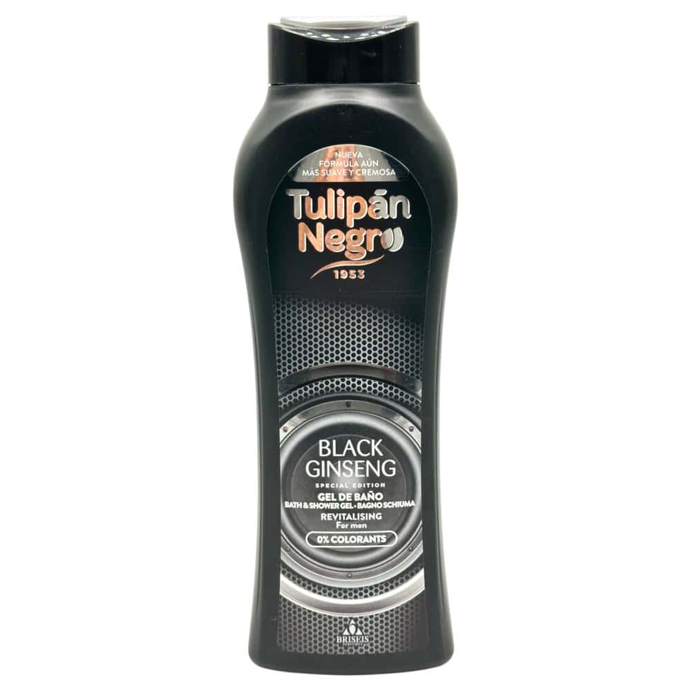 Mareni Tulipán Negro Duschgel mit schwarzem Ginseng für Männer, 650 ml, in schwarzer Flasche.