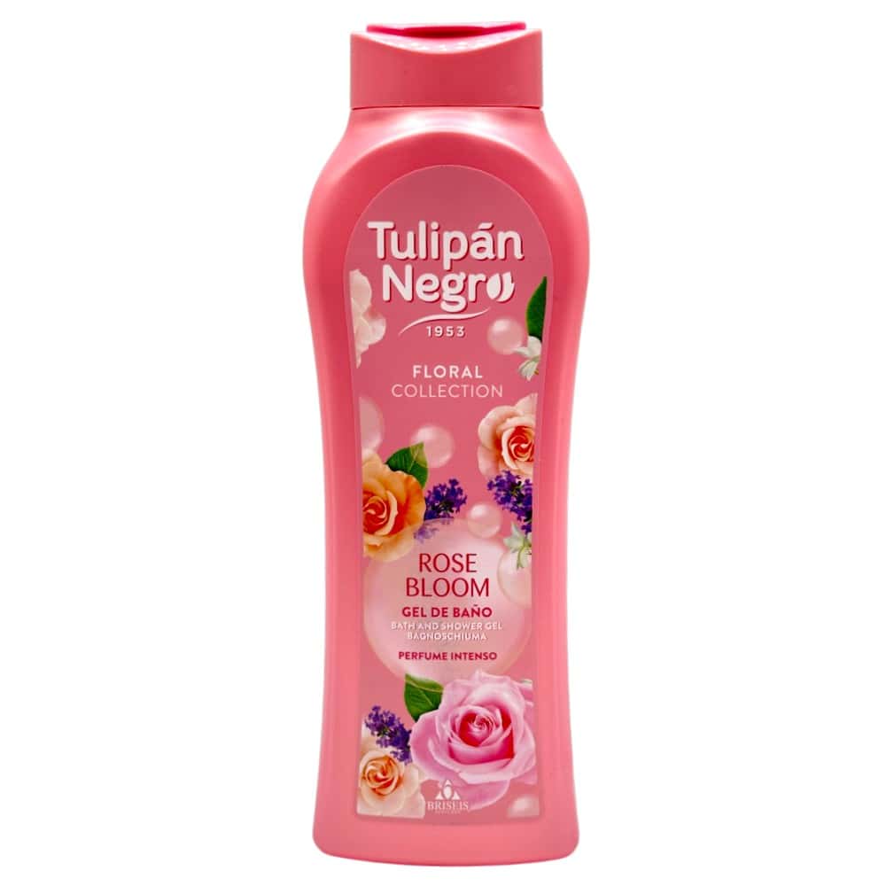 Duschgel Tulipán Negro Rose Bloom mit floralem Design und Rosenmotiven, 650 ml, für ein blumiges Duscherlebnis.