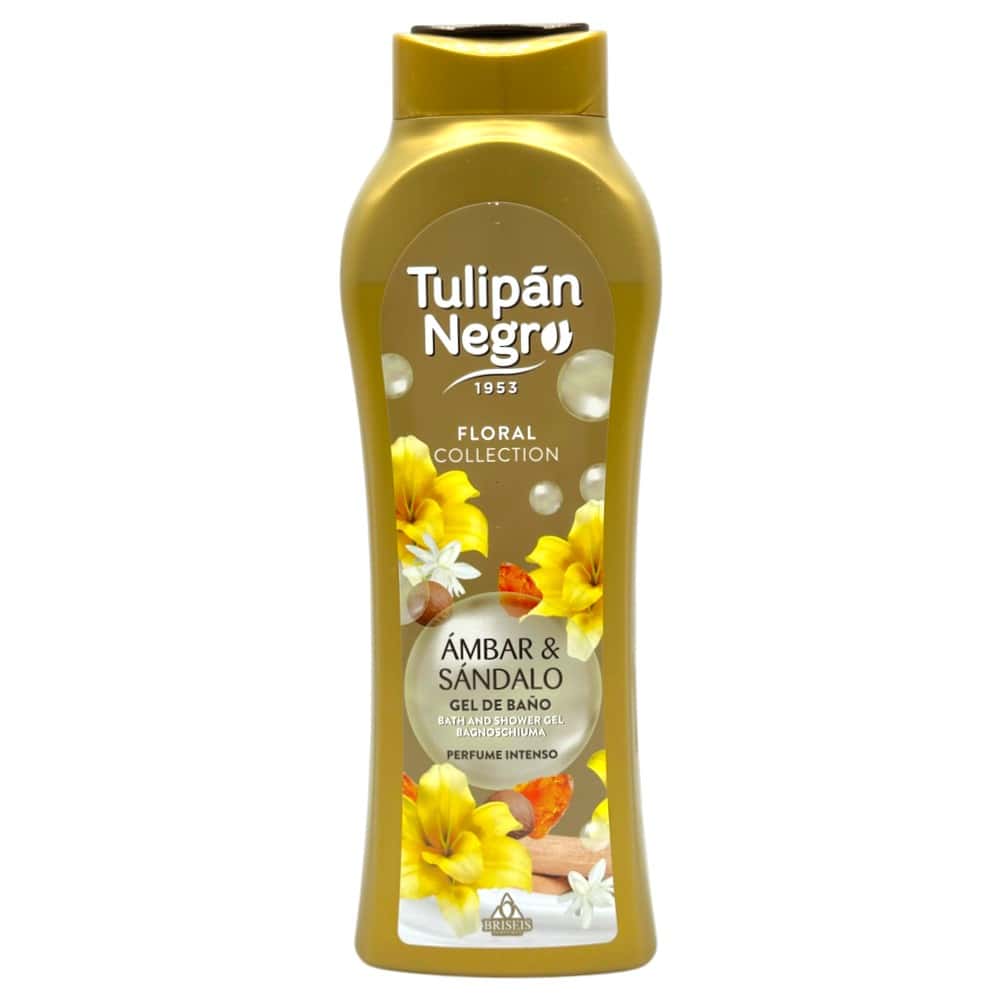 Duschgel Tulipán Negro mit Amber und Sandelholz, 650 ml, in goldener Flasche mit Blumen-Design.