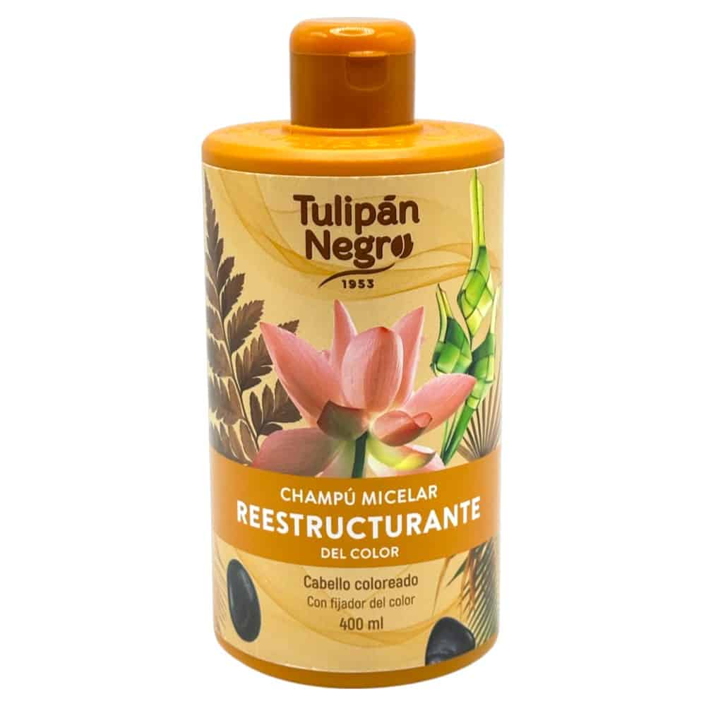 Tulipán Negro Champú Micelar Reestructurante für coloriertes Haar, 400 ml, mit natürlichen Inhaltsstoffen und Farbauffrischung.