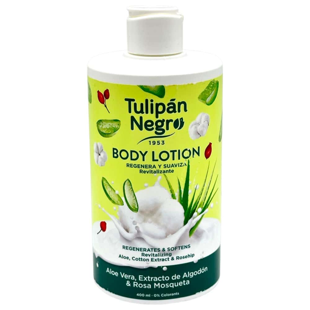 Mareni Tulipán Negro Body Lotion mit Aloe Vera, Baumwolle und Hagebutte, 400 ml, für regenerierende und pflegende Hautpflege.