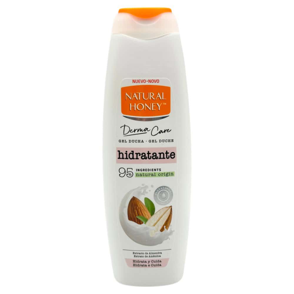 Natürliche Honig-Duschgel Flasche mit Mandel- und Honig-Illustration, 650 ml, für feuchtigkeitsspendende Hautpflege.