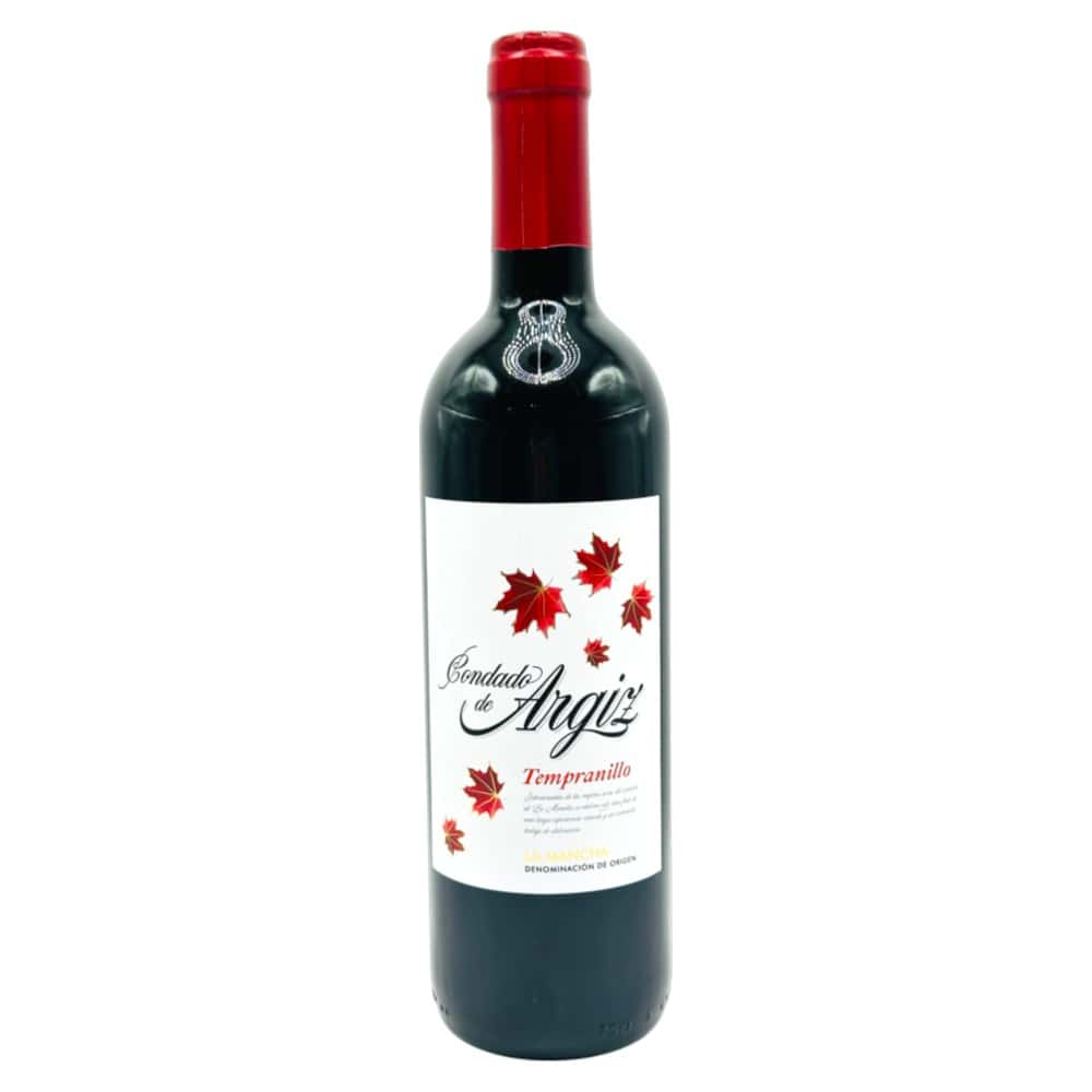 Rotwein Condado de Argiz Tempranillo in 0,75 l Flasche mit roten Ahornblättern auf dem Etikett.