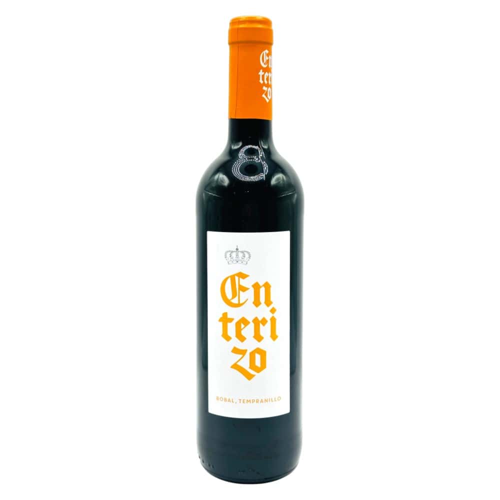 Mareni Rotwein Enterizo Bobal Tempranillo Flasche mit orangefarbenem Korken, auf weißem Hintergrund.