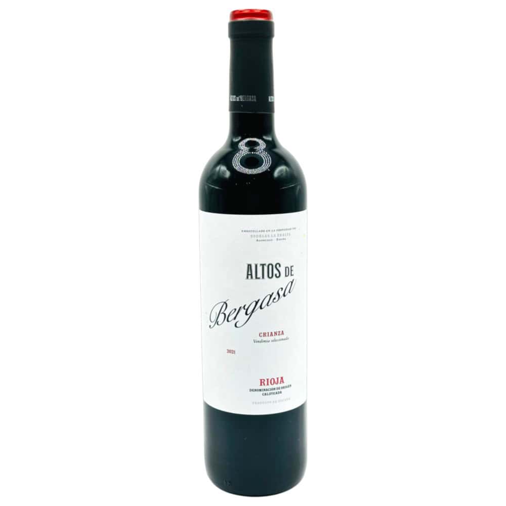 Spanischer Rotwein Altos de Bergasa Rioja Crianza 0,75 l, elegant in dunkler Flasche mit weißem Etikett.