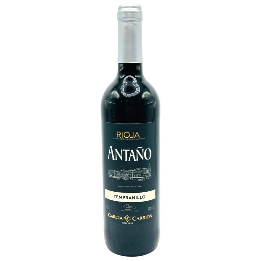 Rotwein Antaño Rioja Tempranillo 0,75 l Flasche mit schwarzem Etikett und silberner Kapsel, aus Spanien.