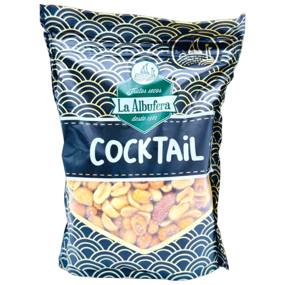 Mareni Cocktail-Nussmischung in blauer Verpackung mit Meeresmuster, 125 g, aus Spanien.