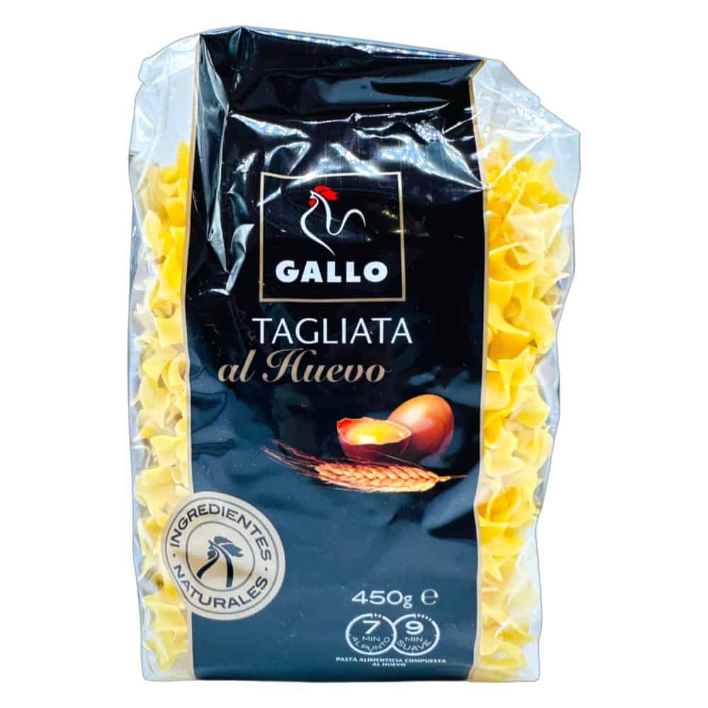 Gallo Tagliata al Huevo Eierbandnudeln aus Spanien, 450g, in transparenter Verpackung mit schwarzem Etikett.
