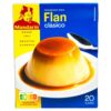 Spanischer Flan in einer Schale auf einem weißen Teller, Verpackung von Mareni mit blauer und gelber Gestaltung.