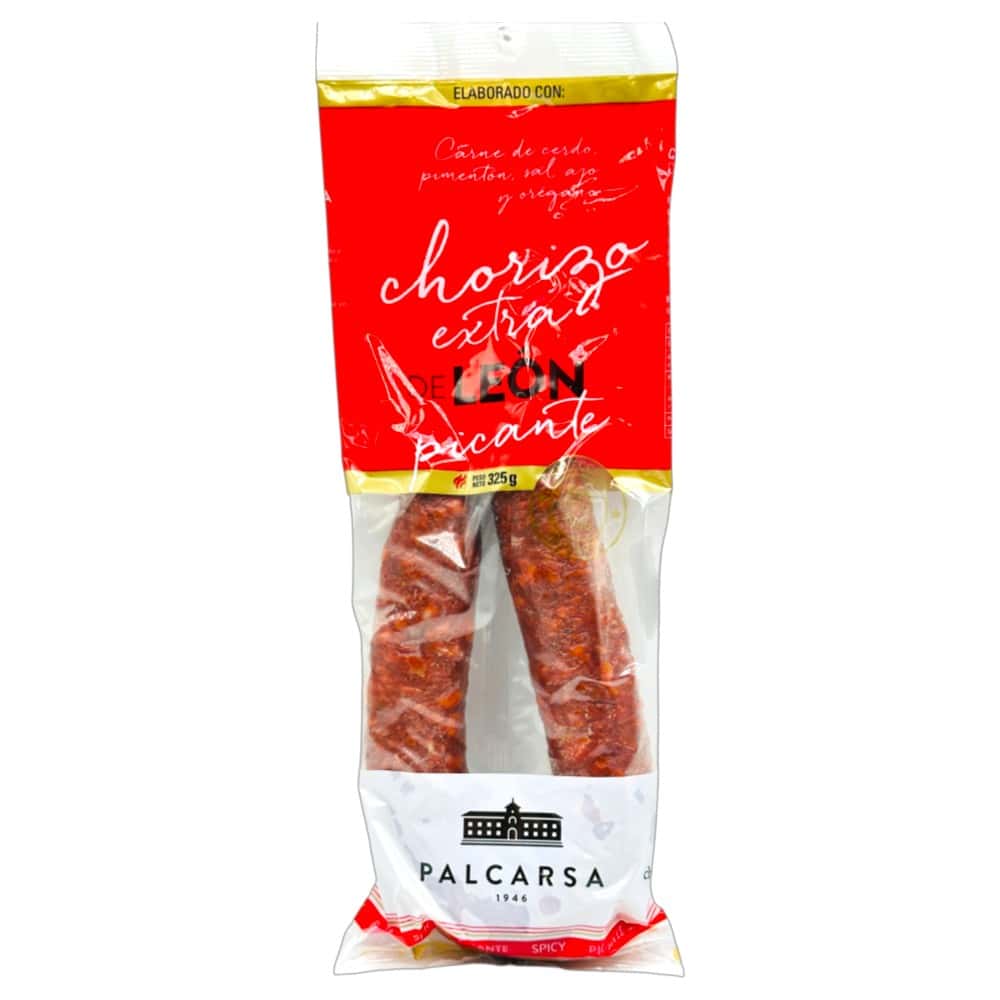 Spanische Chorizo extra in transparenter Verpackung mit rotem und weißem Etikett, Palcarsa-Marke, 325 g.