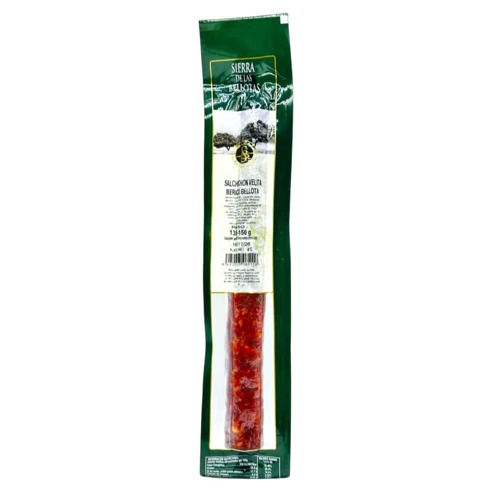 Spanischer Salchichón Velita Iberico Bellota in grüner Verpackung, 135 g, ideal für Feinschmecker.