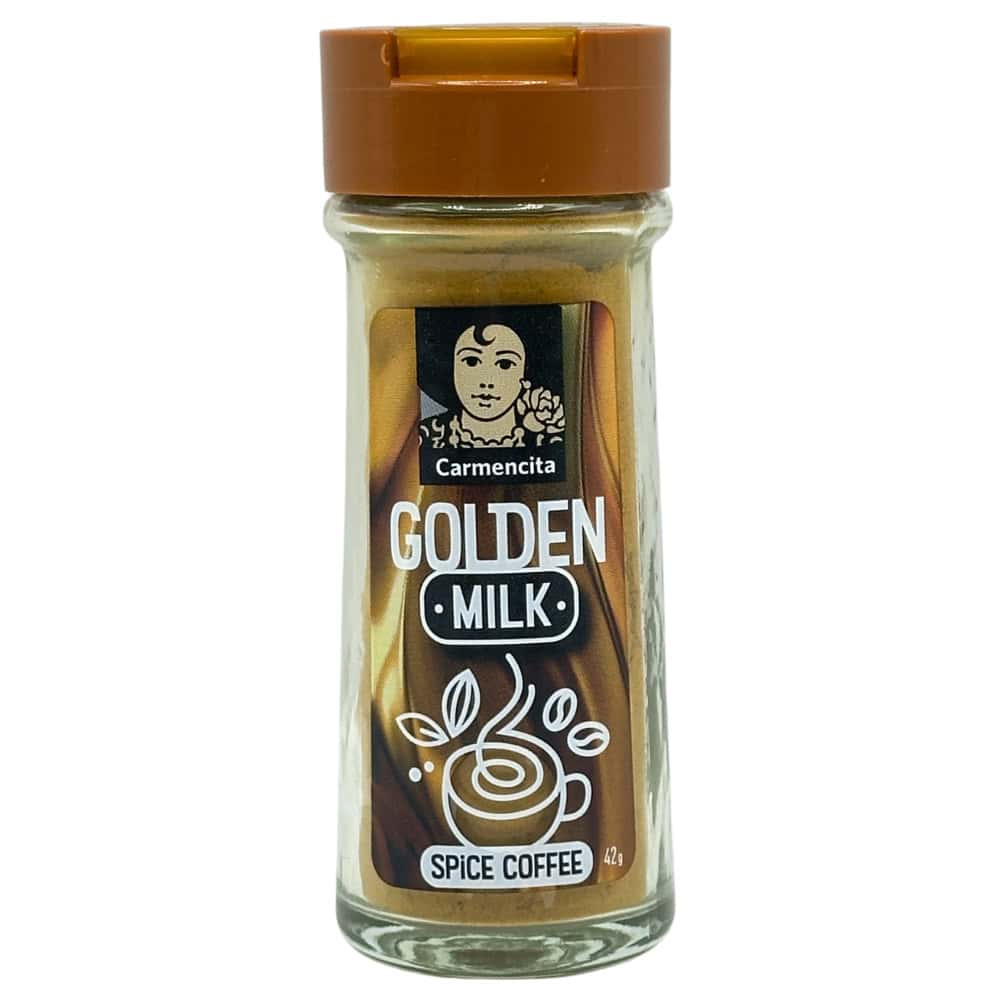 Mareni Carmencita Golden Milk Gewürzmischung in Glasflasche mit braunem Deckel, ideal für goldene Milch und Gewürzgetränke.
