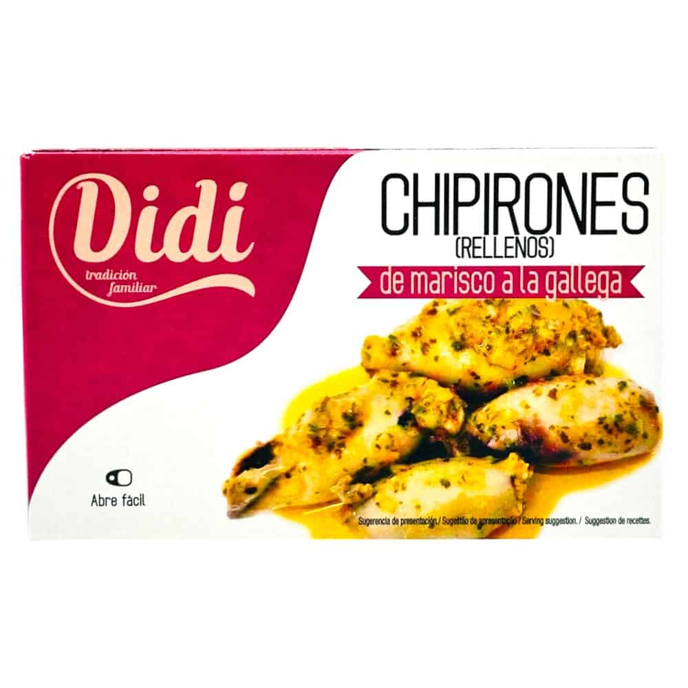 Didi Chipirones de marisco a la gallega, gefüllte Tintenfische mit Meeresfrüchten, auf der Verpackung abgebildet.